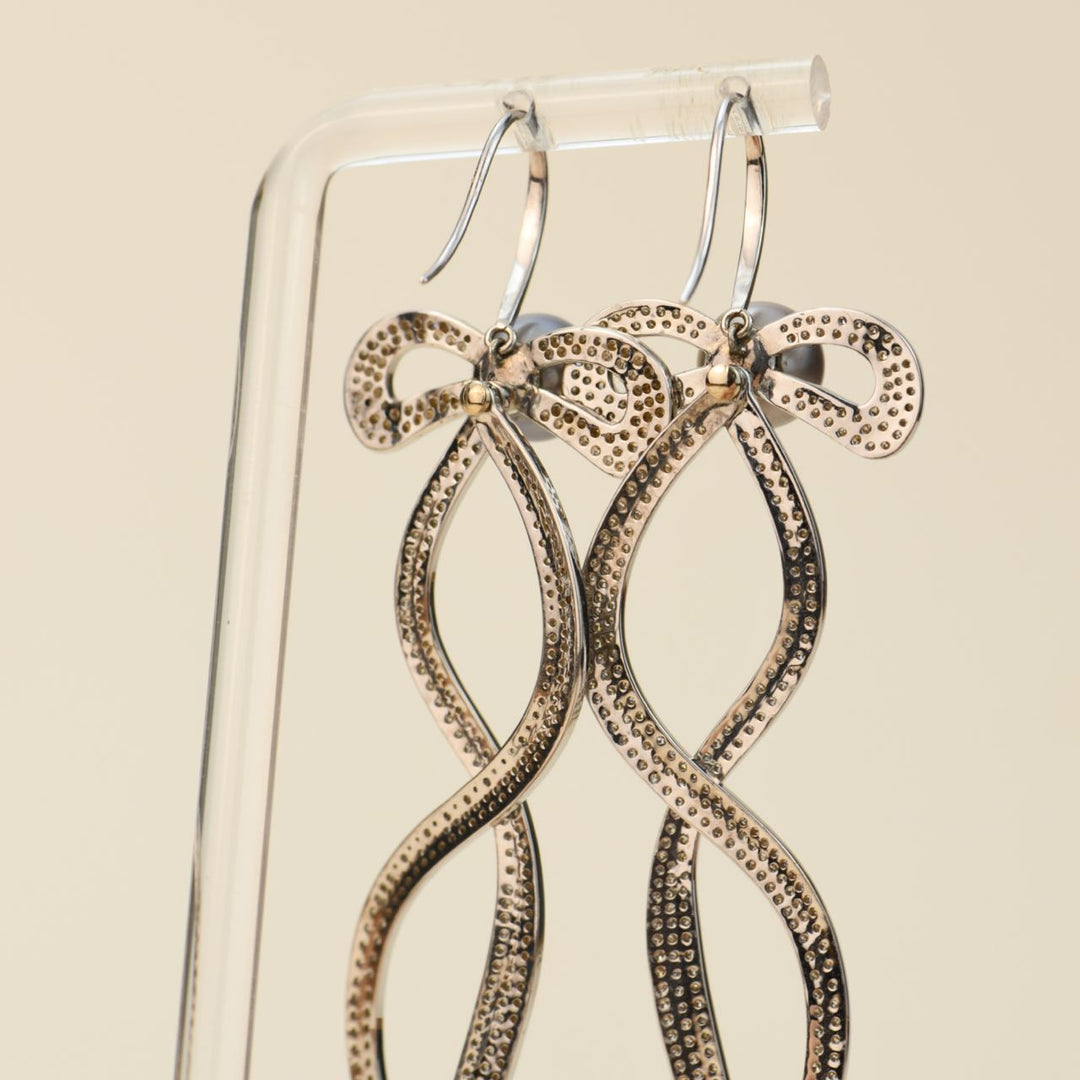 Preowned Diamond Pearl 18K White Gold Long Bow Earrings