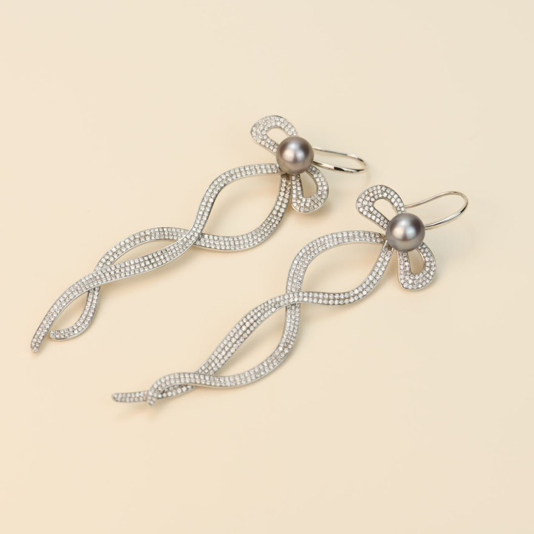 Second Hand Diamond Pearl 18K White Gold Long Bow Earrings