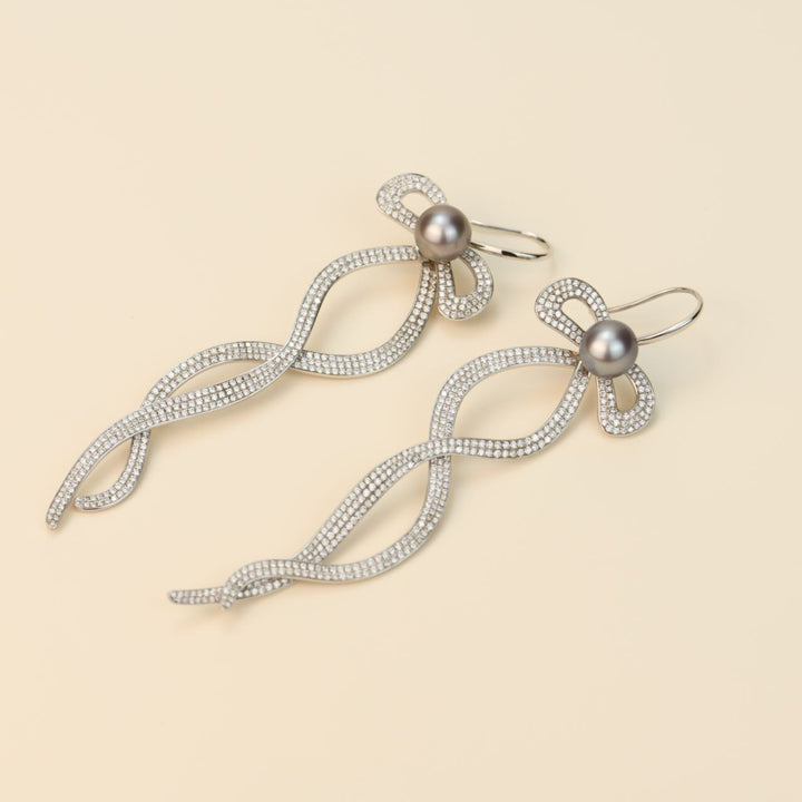 Second Hand Diamond Pearl 18K White Gold Long Bow Earrings