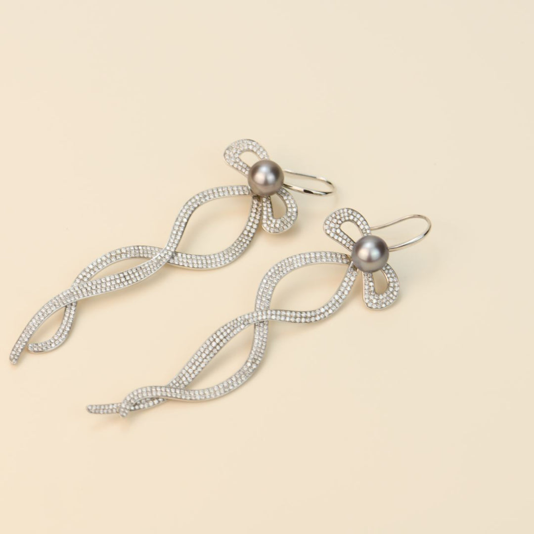 Diamond Pearl 18K White Gold Long Bow Earrings