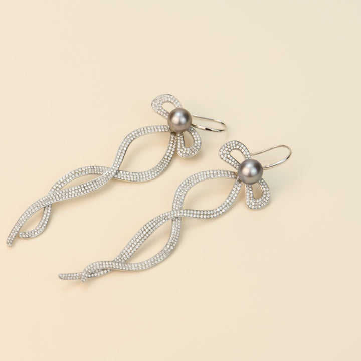 Diamond Pearl 18K White Gold Long Bow Earrings