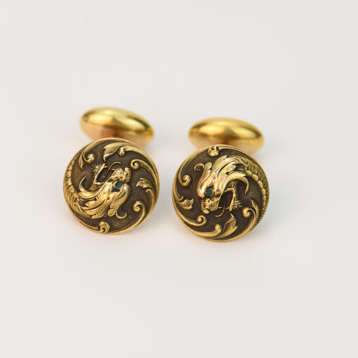 Second Hand Art Nouveau Cabochon Emerald 14K Gold Dragon Heads Cufflinks
