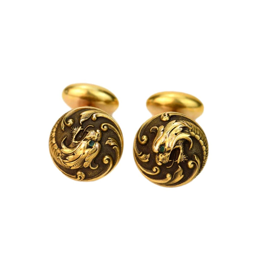 Preloved Art Nouveau Cabochon Emerald 14K Gold Dragon Heads Cufflinks
