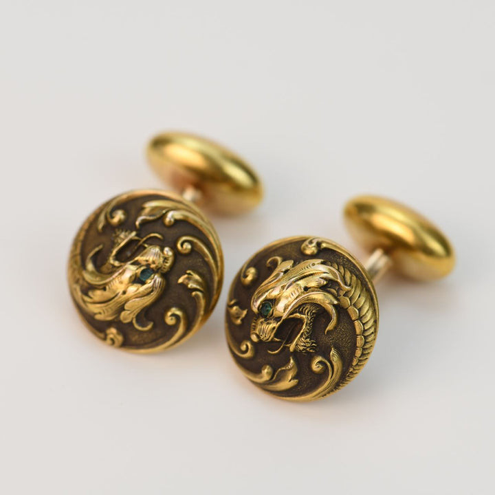 Art Nouveau Cabochon Emerald 14K Gold Dragon Heads Cufflinks