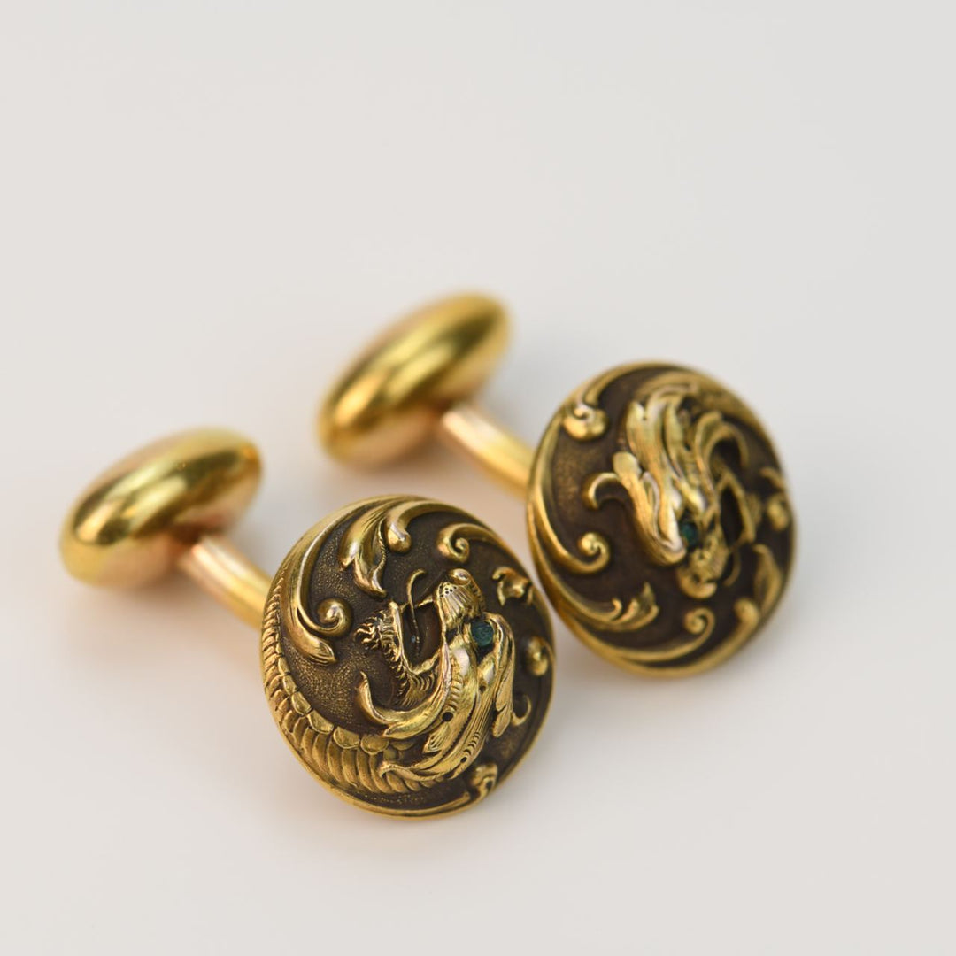 Art Nouveau Cabochon Emerald 14K Gold Dragon Heads Cufflinks