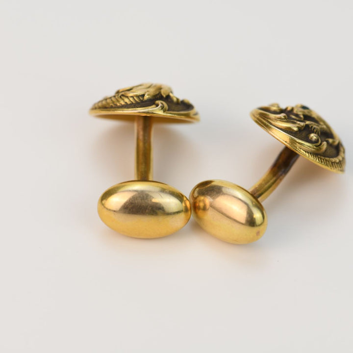 Art Nouveau Cabochon Emerald 14K Gold Dragon Heads Cufflinks