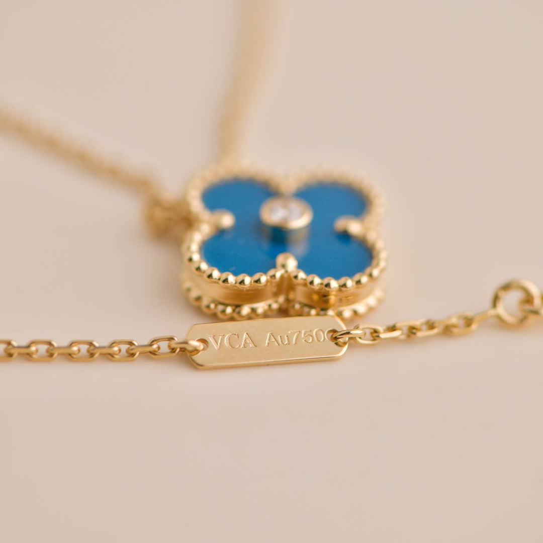 Preowned Van Cleef Diamond Celestial Blue Sèvres Porcelain 2019 Holiday Pendant Necklace
