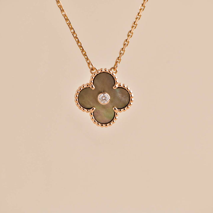 Preloved VCA Vintage Alhambra Grey Mother of Pearl 18k Rose Gold 2014 Holiday Pendant Necklace