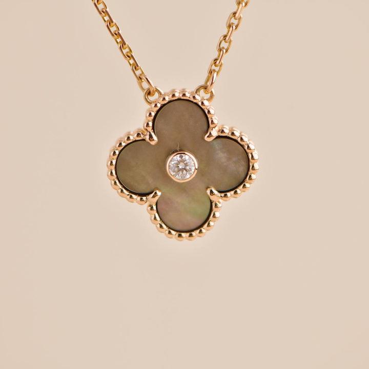 Preowned Van Cleef Vintage Alhambra Grey Mother of Pearl 18k Rose Gold 2014 Holiday Pendant