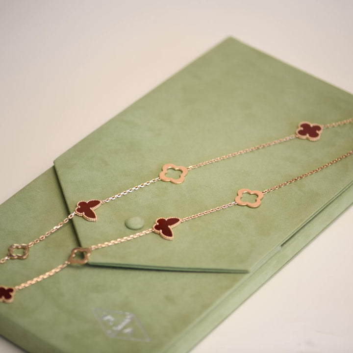 Preowned Van Cleef Limited Edition Byzantine Lucky Alhambra Carnelian 18K Rose Gold Necklace