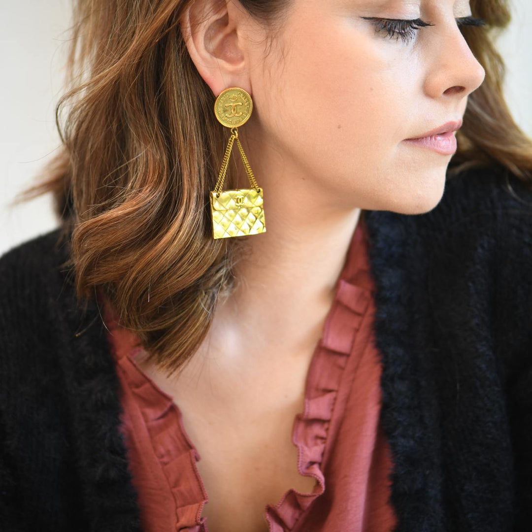 Second Hand Chanel CC Coin Quilted Flap Bag Drop Earrings