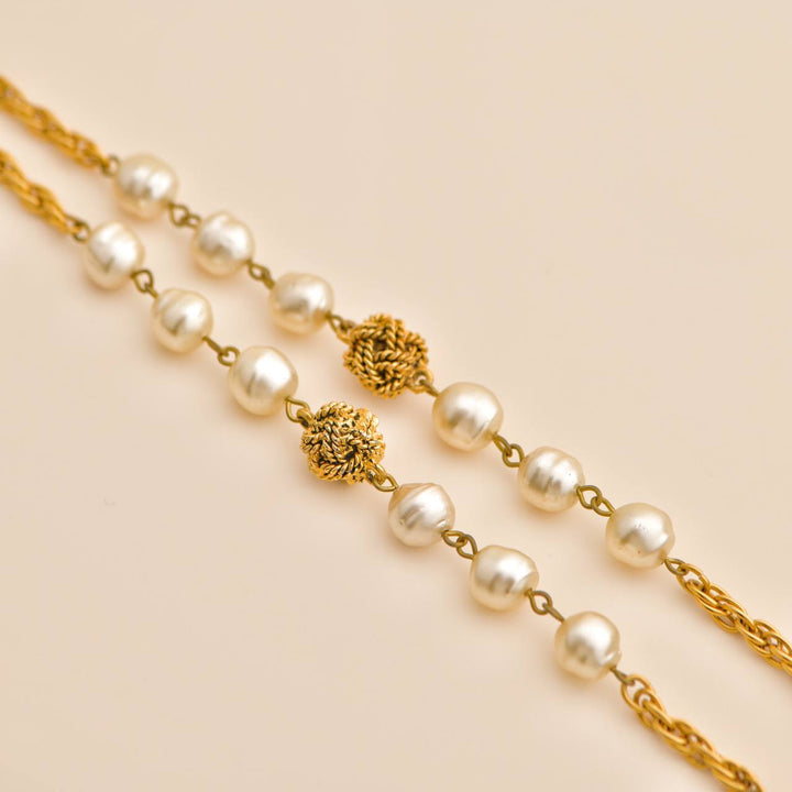 Preloved Chanel CC Faux Pearl Gold Tone Rope Bead Necklace