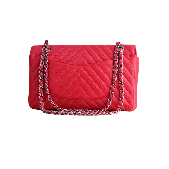 Second Hand Chanel Red Chevron Caviar Medium Classic Double Flap Handbag
