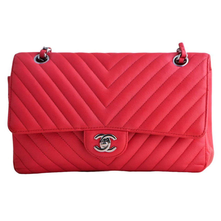 Preloved Chanel Red Chevron Caviar Medium Classic Double Flap Bag