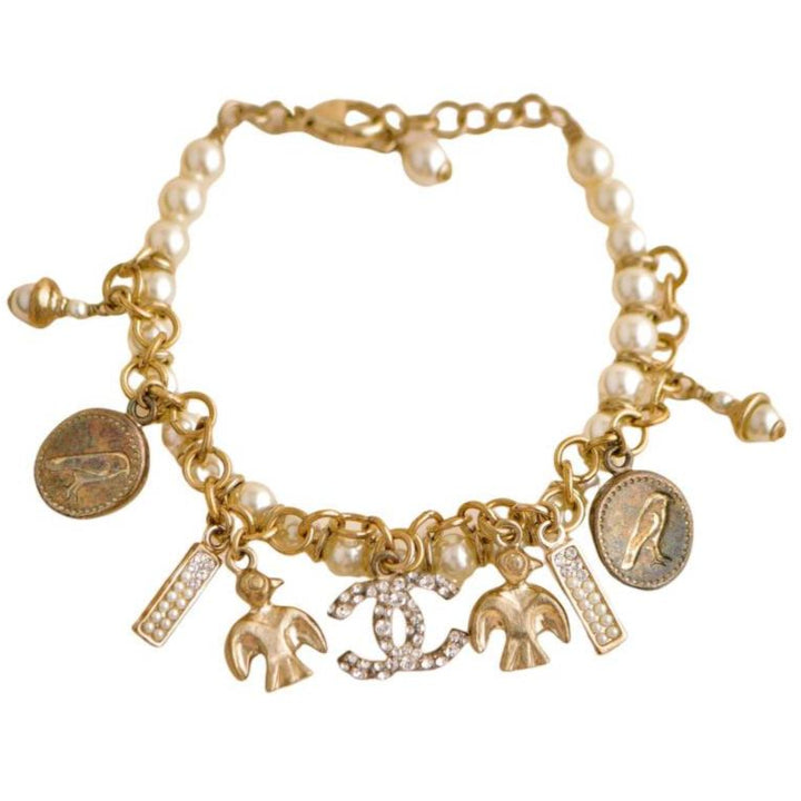 Preloved Chanel CC Crystal Faux Pearl Charm Bracelet