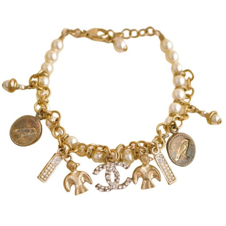 Preloved Chanel CC Crystal Faux Pearl Charm Bracelet