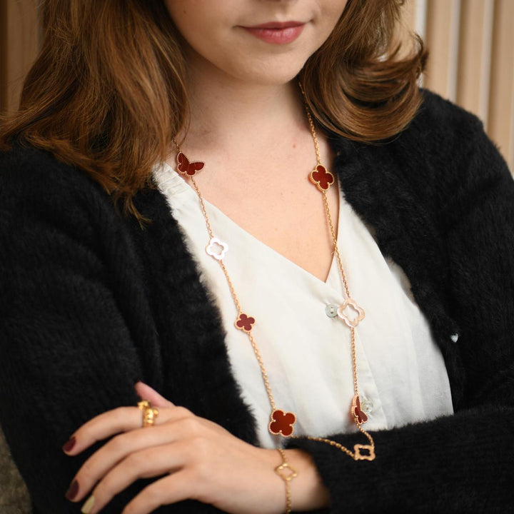 Preloved Van Cleef Limited Edition Byzantine Lucky Alhambra Carnelian 18K Rose Gold Necklace