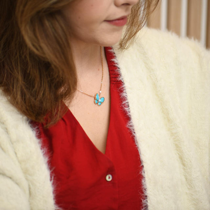 Preloved Van Cleef 18K Yellow Gold Turquoise Butterfly Diamond Pendant