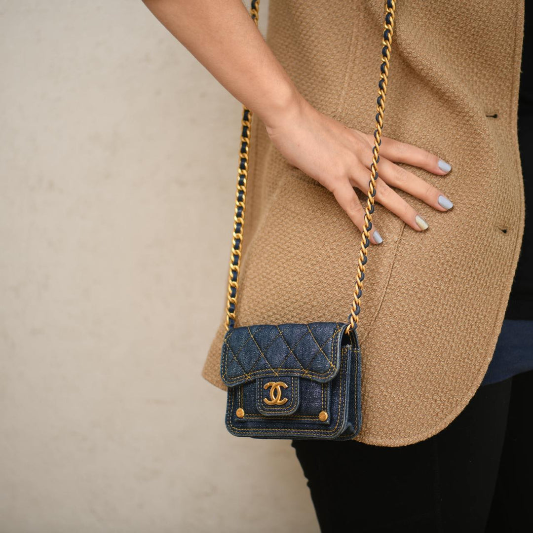 Used Chanel 23S Denim Quilted Card Holder Shoulder Bag