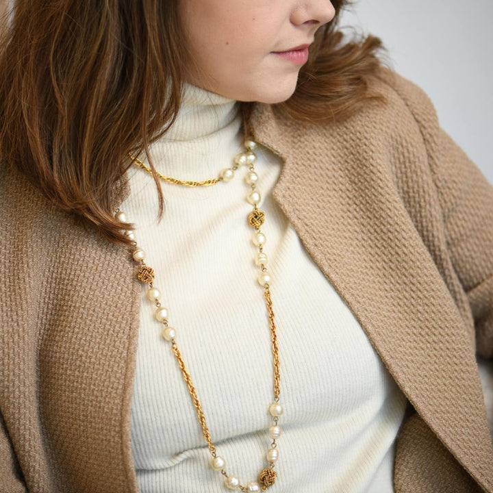 Second Hand Chanel CC Faux Pearl Gold Tone Rope Bead Long Necklace