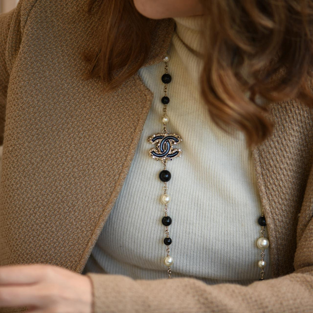 Second Hand Chanel CC Enamel Faux Pearl & Black Beads Baroque Sautoir Necklace