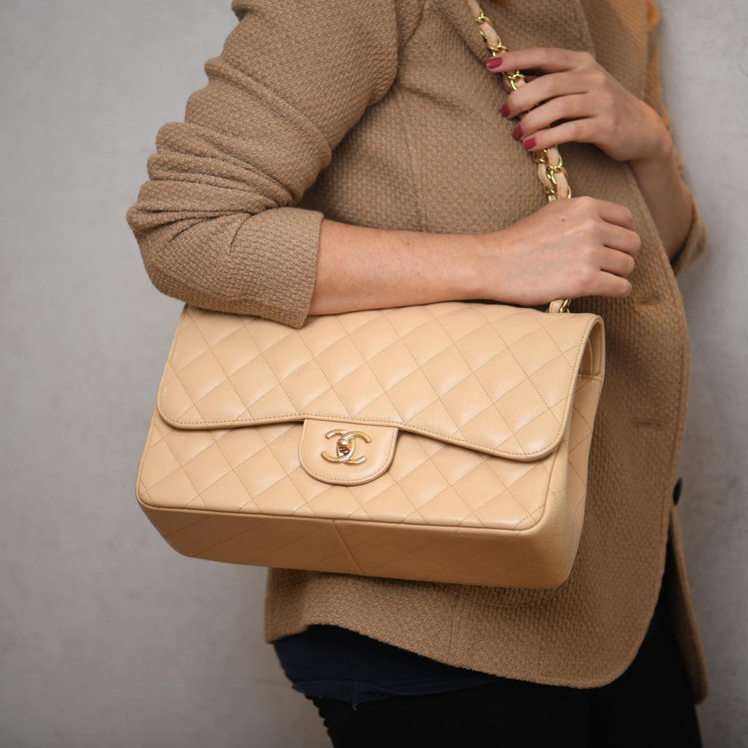 Chanel Beige Calfskin Leather Jumbo Classic Double Flap Bag