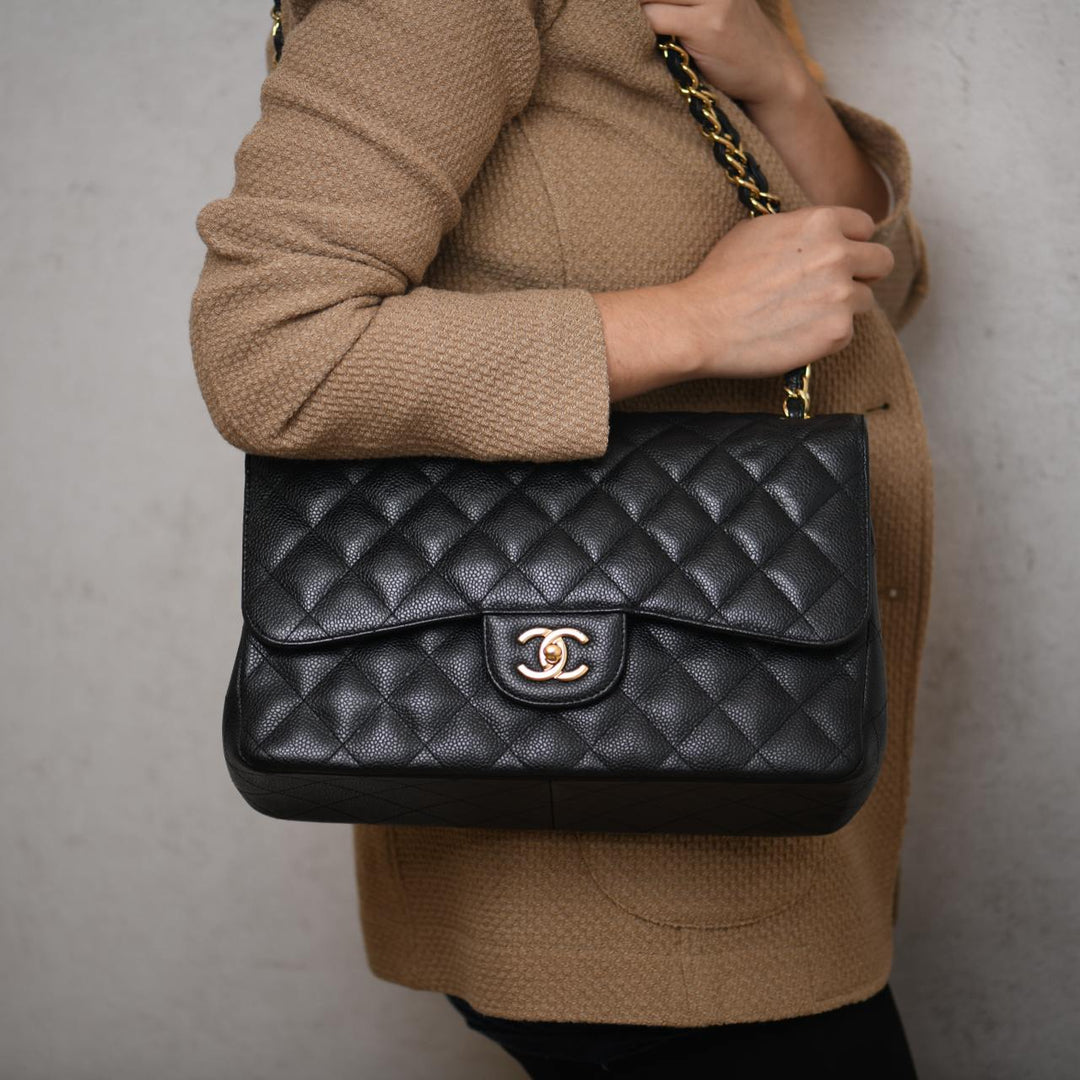 Second Hand Chanel Jumbo Black Calfskin Caviar Double Flap Bag with GHW