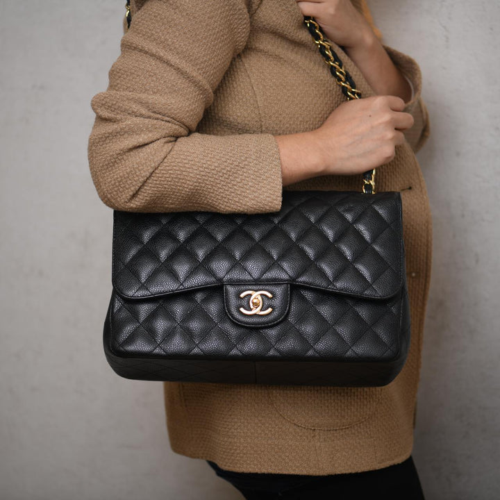Second Hand Chanel Jumbo Black Calfskin Caviar Double Flap Bag with GHW