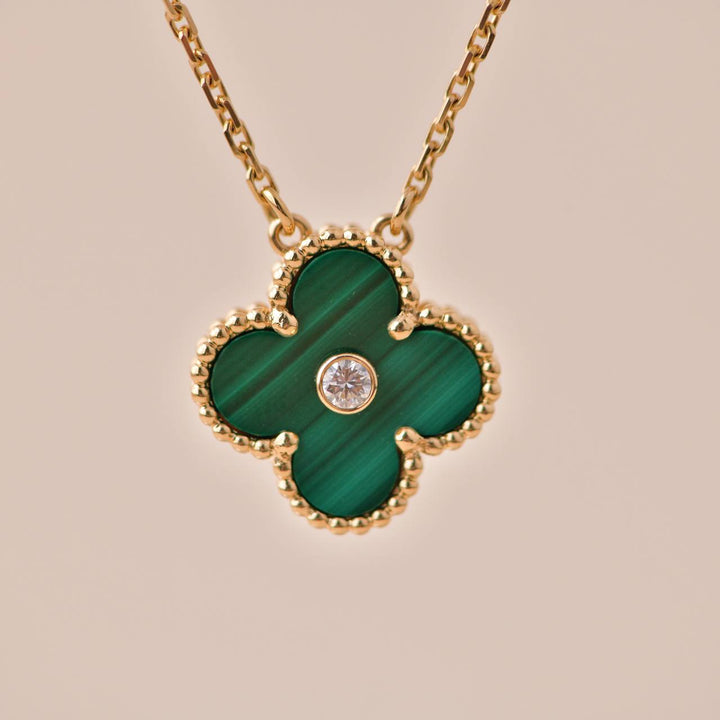Preloved Van Cleef Vintage Alhambra Malachite Diamond 2013 Holiday Pendant Necklace