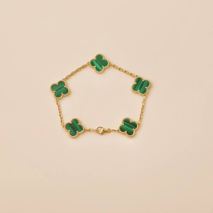 Preloved Van Cleef Vintage Alhambra 5 Motif Malachite 18K Gold Bracelet