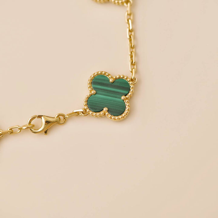 Second Hand Van Cleef Vintage Alhambra 5 Motif Malachite 18K Gold Bracelet
