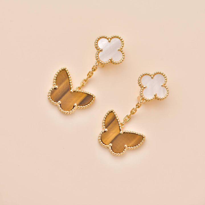 Second Hand Van Cleef & Arpels Lucky Alhambra Mother of Pearl and Tiger Eye Yellow Gold Earrings