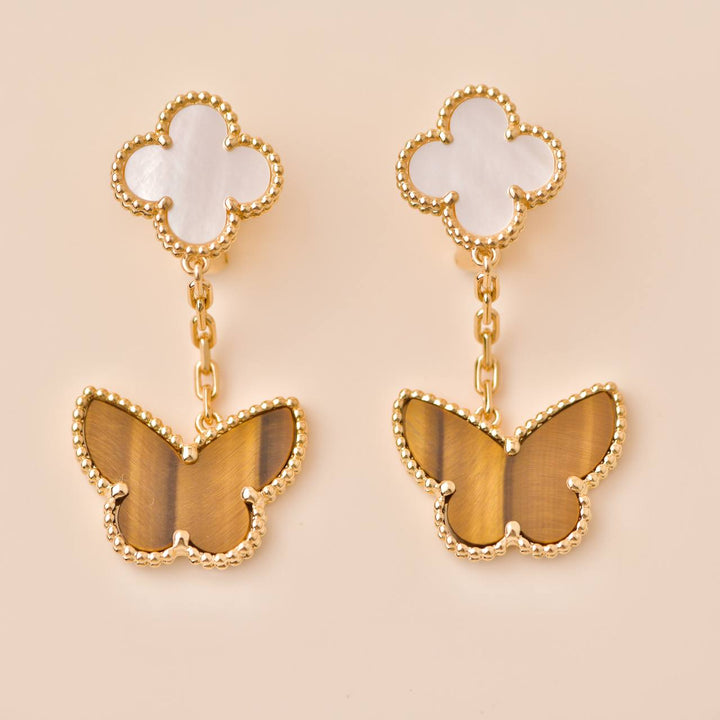 Preloved Van Cleef Lucky Alhambra Mother of Pearl and Tiger Eye Yellow Gold Earrings