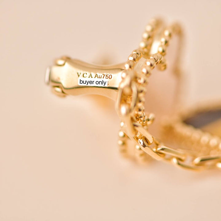 Preloved VCA Lucky Alhambra Mother of Pearl and Tiger Eye Yellow Gold Earrings