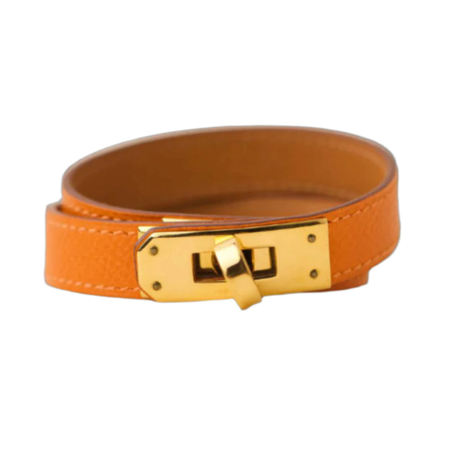Hermes Coral Leather Double Tour Watch Bracelet with Gold Hardware Hermes Coral Leather Double Tour Watch Bracelet with Gold  main image 3