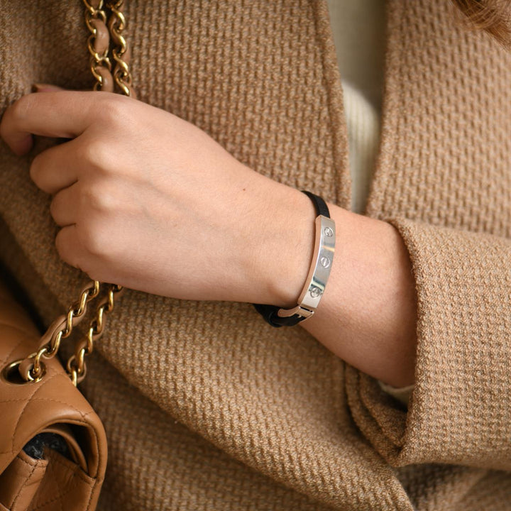 Cartier 18K Love White Gold Black Leather Strap Bracelet