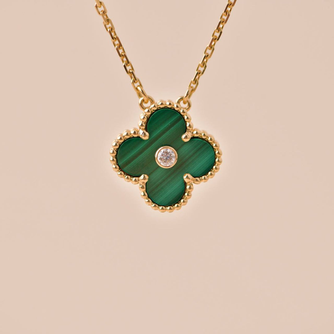 Preloved Van Cleef Vintage Alhambra Malachite Diamond 2013 Holiday Pendant Necklace