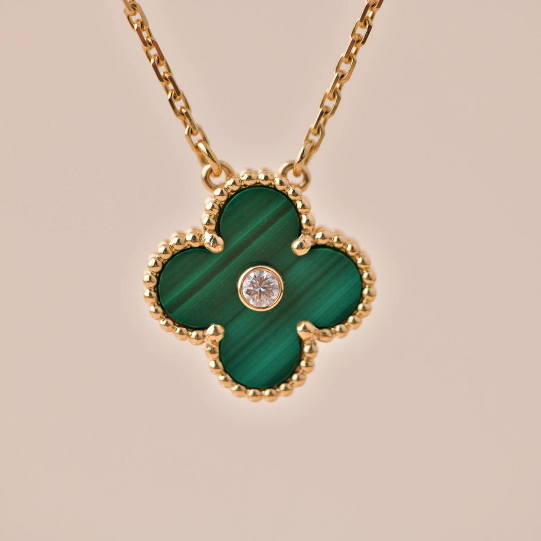 Preowned Van Cleef Vintage Alhambra Malachite Diamond 2013 Holiday Pendant Necklace