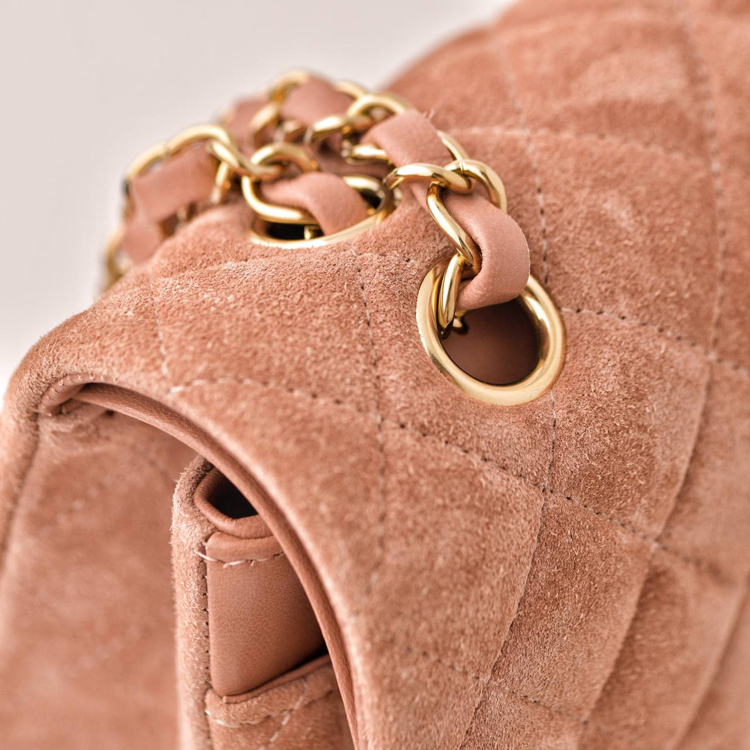 Preloved Chanel CF Classic Flap Suede Handbag Light Beige