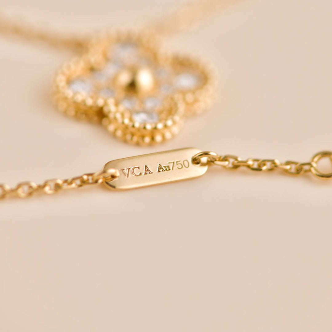 Second Hand Van Cleef Vintage Alhambra Yellow Gold Diamond Paved Pendant