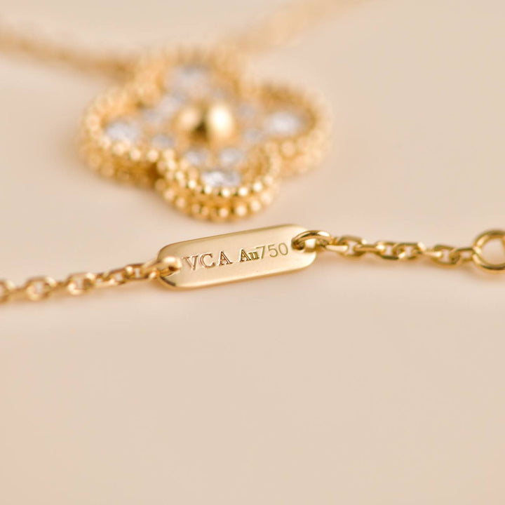 Second Hand Van Cleef Vintage Alhambra Yellow Gold Diamond Paved Pendant