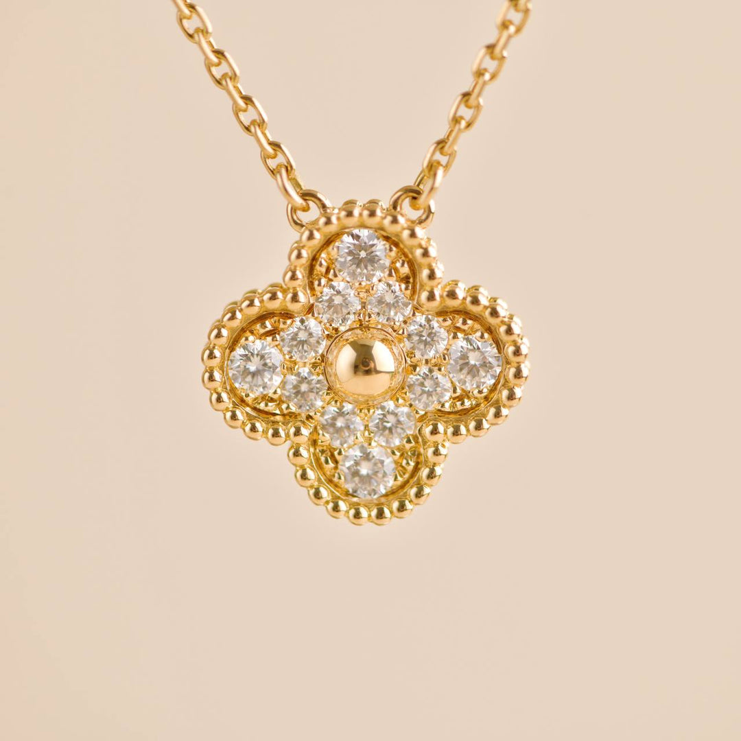 Used Van Cleef & Arpels Vintage Alhambra Yellow Gold Diamond Paved Pendant
