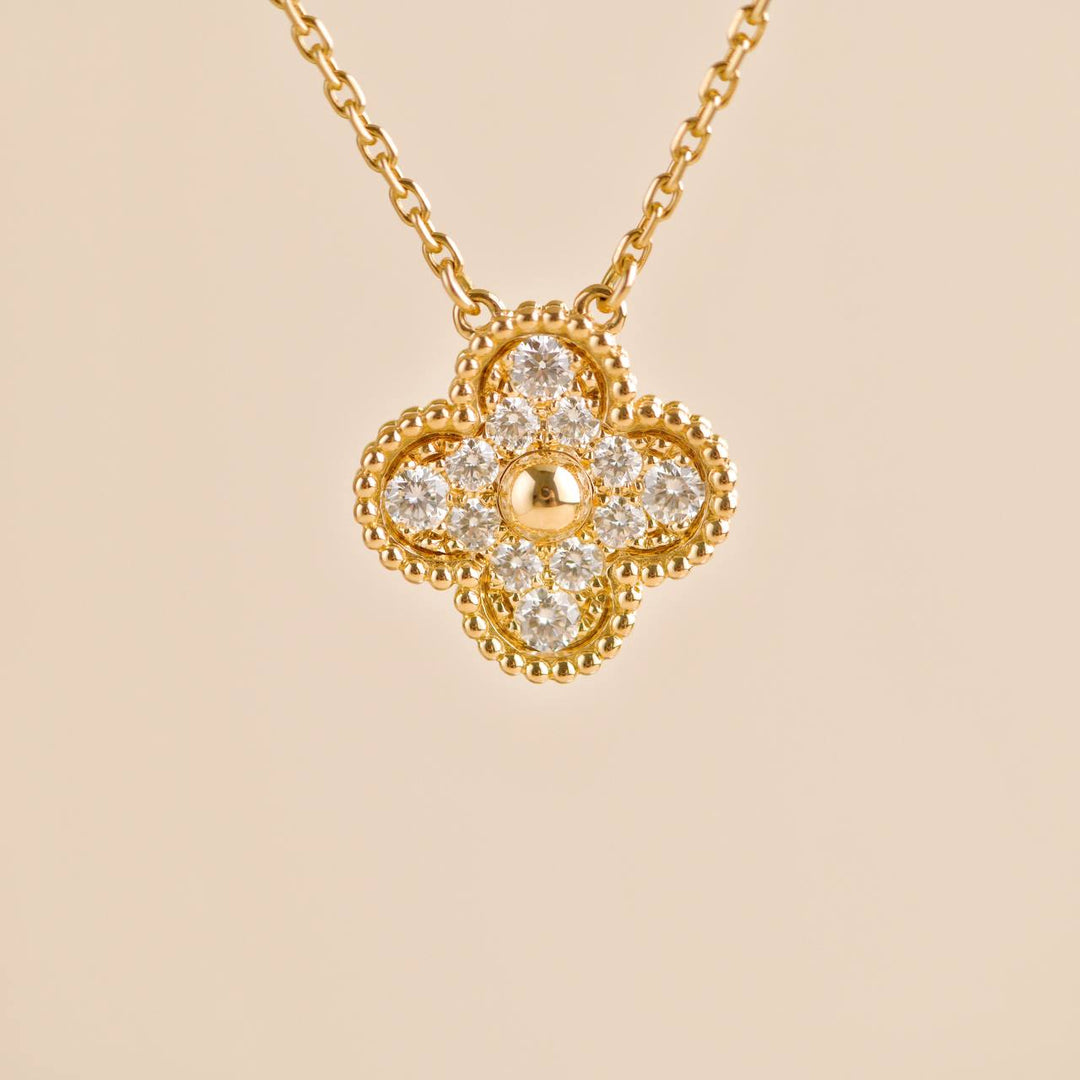 Preloved Van Cleef Vintage Alhambra Yellow Gold Diamond Paved Pendant