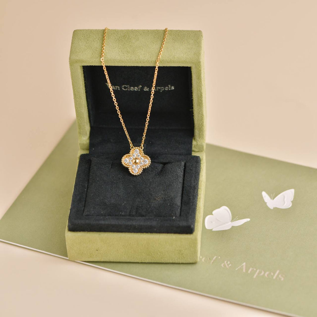 Preowned Van Cleef & Arpels Vintage Alhambra Yellow Gold Diamond Paved Pendant
