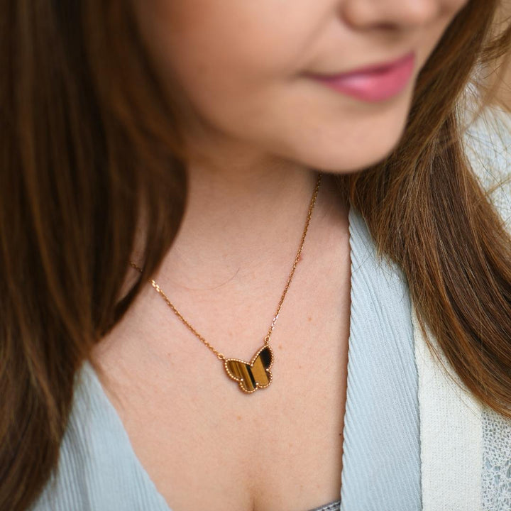 Preloved Van Cleef Lucky Alhambra Butterfly Tiger Eye Yellow Gold Pendant Necklace