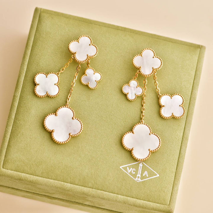 Preowned Van Cleef Magic Alhambra 4 Motif Mother of Pearl 18K Yellow Gold Earrings