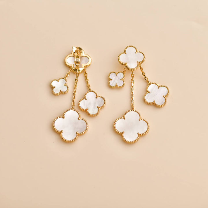 Preloved Van Cleef Magic Alhambra 4 Motif Mother of Pearl 18K Yellow Gold Earrings