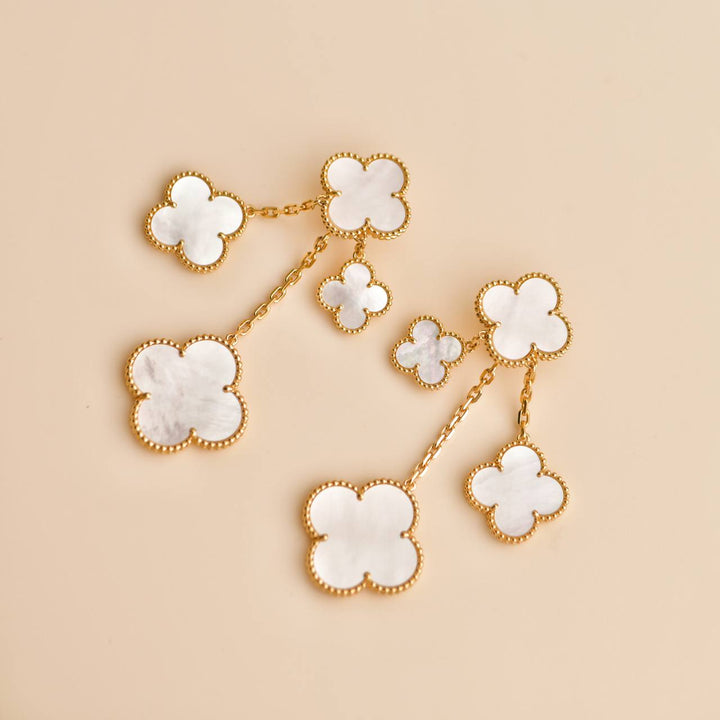 Second Hand Van Cleef Magic Alhambra 4 Motif Mother of Pearl 18K Yellow Gold Earrings