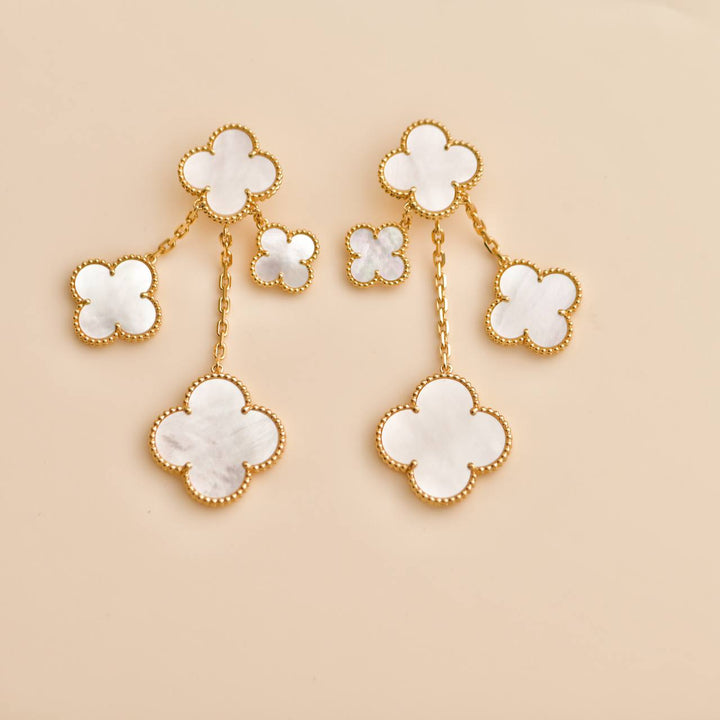 Preloved VCA Magic Alhambra 4 Motif Mother of Pearl 18K Yellow Gold Earrings