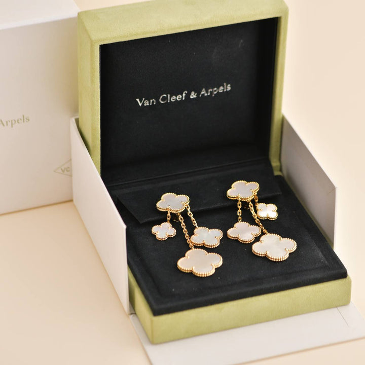 Second Hand Van Cleef & Arpels Magic Alhambra 4 Motif Mother of Pearl 18K Yellow Gold Earrings